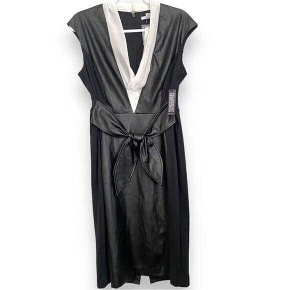 New York & Company Faux Leather Front Bow V-Neck Sleeveless Black Cocktail Dress - Picture 4 of 10